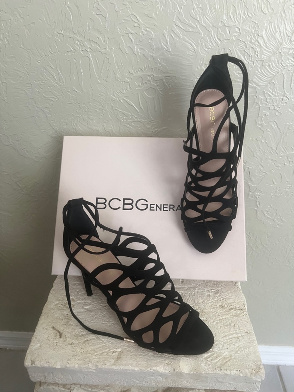BCBGeneration Black Strappy Lace-Up Cutout Heels